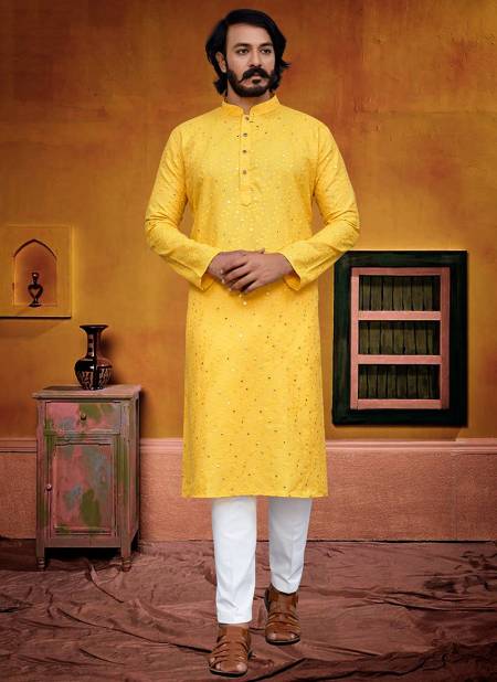 Yellow Colour Outluk Vol 84 New Designer Ethnic Wear Silk Kurta Pajama Collection 84007